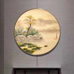 纯手绘油画新中式山水景物风景玄关餐边台装饰画